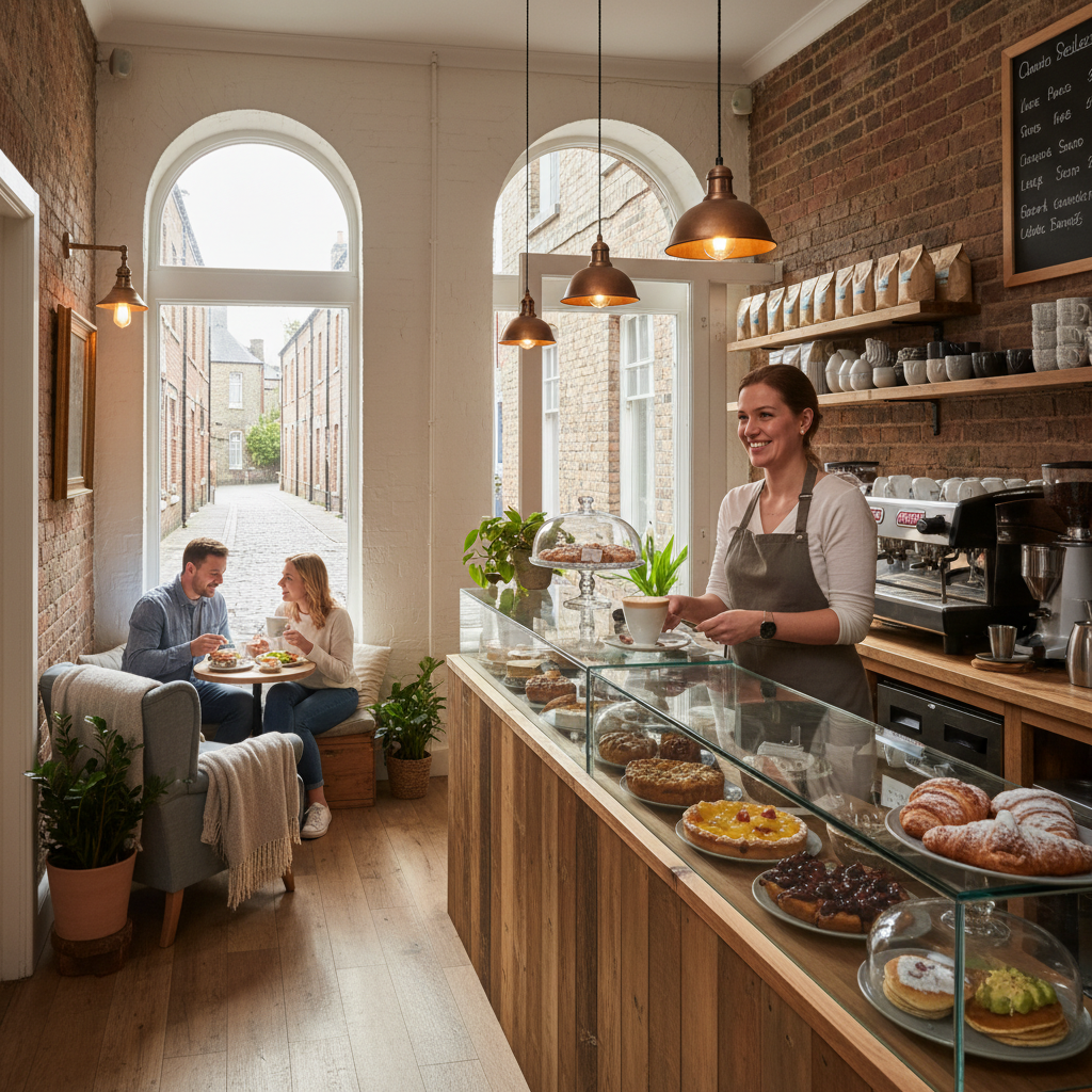 The cafe interior with morning light through the front windows